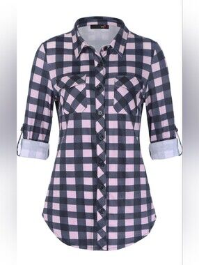 NEW Djt Pink & Navy Plaid V-neck Button-Up Shirt Long Sleeve Roll Up 3/4 Large